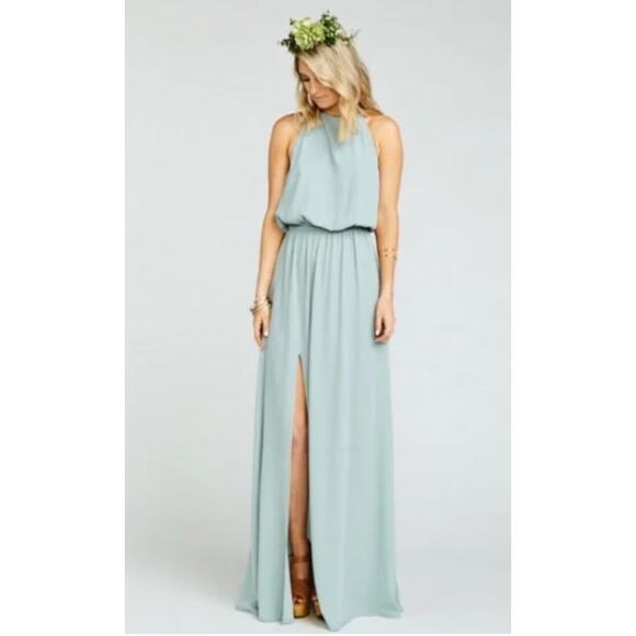 Show Me Your Mumu Heather Halter Slit Maxi Dress Silver Sage Crisp Green, XXS - Picture 12 of 14